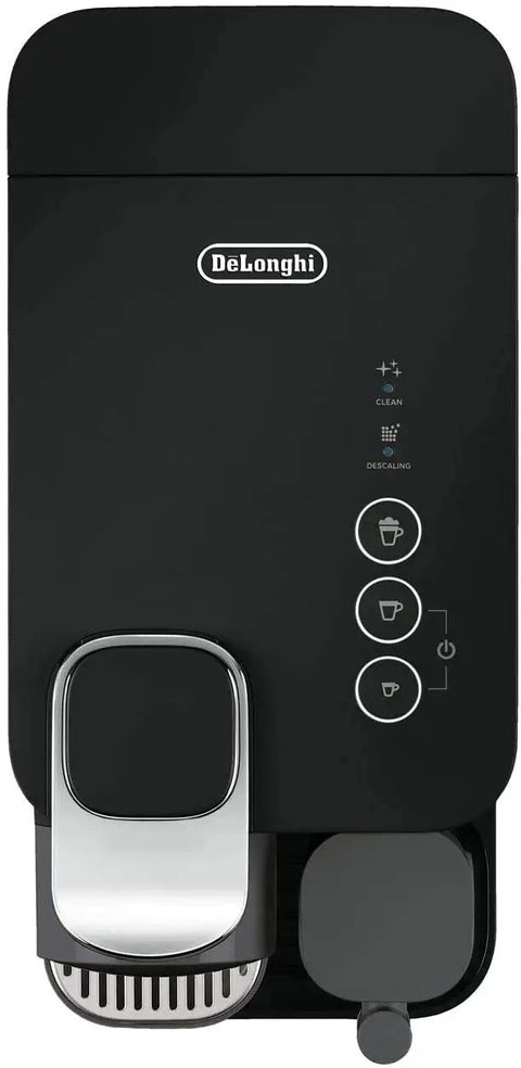 Zero Stress Single Serve Coffee Brewer With Built In Milk Frother For Rich Latte Perfection And Smooth Daily Sips Plus Sleek Black Drip Espresso Station top view showing control panel and frothing attachment.