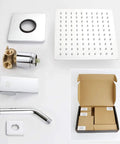 Shower Trim Kit With Rough-In Valve And Square Stainless Steel Rain Showerhead Polished Chrome No Fuss Install Bath Shower System components displayed