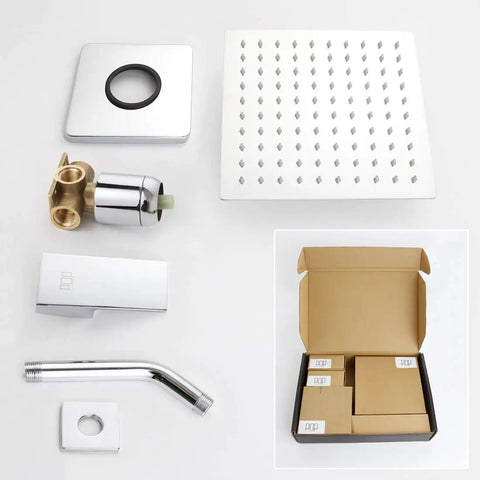 Shower Trim Kit With Rough-In Valve And Square Stainless Steel Rain Showerhead Polished Chrome No Fuss Install Bath Shower System components displayed