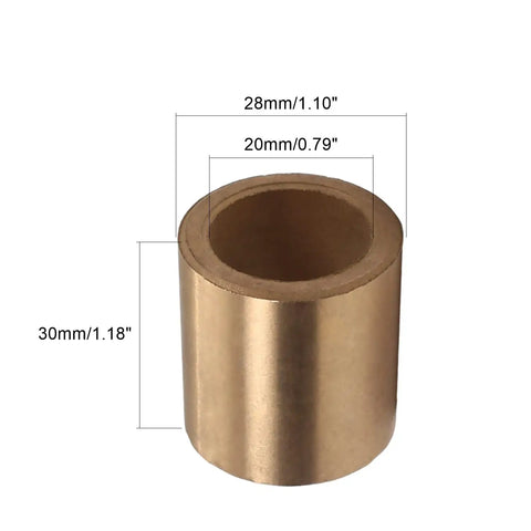 Built Tough Self Lubricating Bronze Bearing Sleeves 20X28X30mm with measurements showing bore, outer diameter, and length.