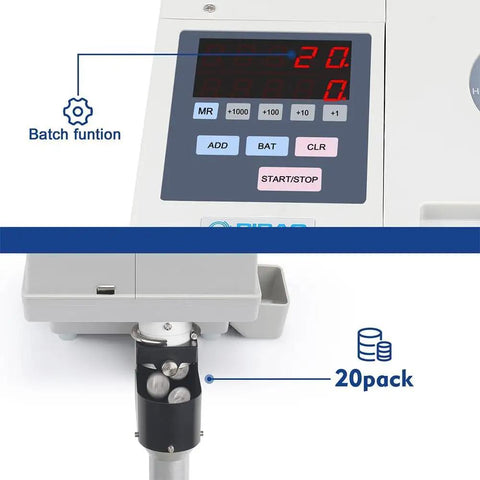 Crazy Fast Portable Coin Counter And Sorter, LED display closeup showing batch function and coin output section