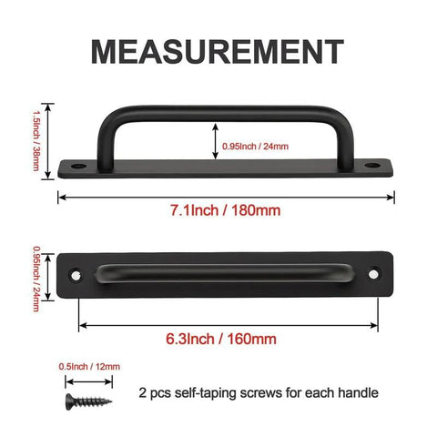 2 Pack Sliding Barn Door Handles Black Zinc Alloy Door Pulls With Plate 7.1 Inch Long 6.3 Inch Hole Center measurement guide