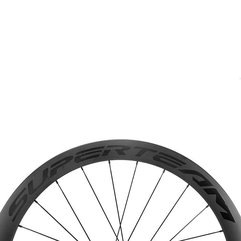 Top view of Dope Carbon Road Bike Disc Brake Wheelset 700c Clincher 60mm Deep 23mm with transparent rim finish and spokes