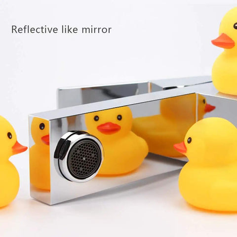 Chrome Single Hole Bathroom Faucet With Pop Up Drain All Metal Modern Touch Faucet with reflective surface and rubber ducks