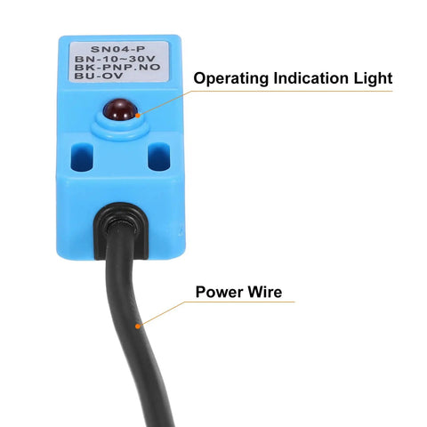 Front view of SN04-P Inductive Proximity Sensor Switch NO Normally Open PNP with indicator and power wire, 4mm sensing, DC 10-30V.