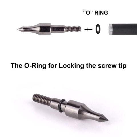 O-ring and screw tip of Carbon Crossbow Bolts 20 Inch Arrows Set, 12 Pack With 6 Broadheads, Interchangeable Tips, O Ring Locking Screw Tip