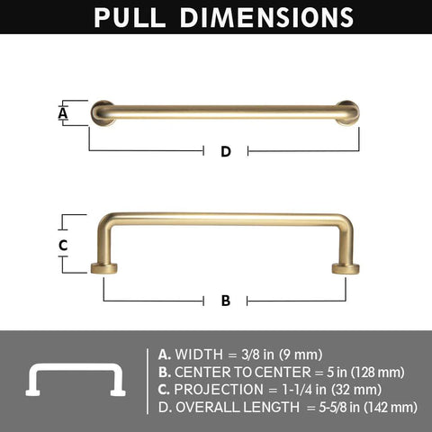 Dimensions of Set Of 6 5 Inch Center To Center SleekTouch Champagne Bronze Cabinet Pulls, width 3/8 in, center to center 5 in