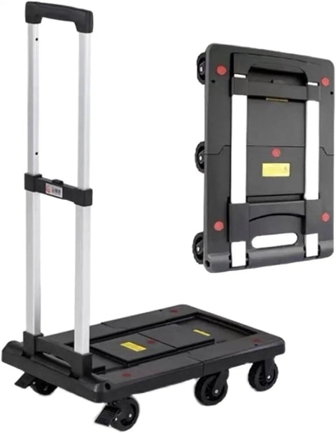 Heavy Duty Folding Flatbed Cart With Slick Retractable Chassis Smooth Rolling Portable Platform Truck, folded design, aluminum handle.