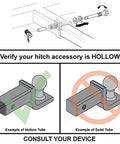 Diagram showing installation of Keyless Press On Locking Silent Hitch Pin For Two And A Half Inch Hitches Anti Rattle Pin Prevents Noise And Slop Five Eighths Inch Diameter Fits Two And A Half Inch Receivers Class IV Tow Rating Up To Twelve Thousand Lbs Rugged Works With Reducing.
