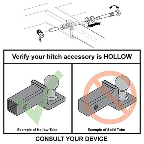 Diagram showing installation of Keyless Press On Locking Silent Hitch Pin For Two And A Half Inch Hitches Anti Rattle Pin Prevents Noise And Slop Five Eighths Inch Diameter Fits Two And A Half Inch Receivers Class IV Tow Rating Up To Twelve Thousand Lbs Rugged Works With Reducing.