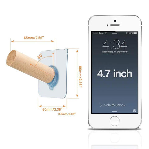 Adhesive Hat Hooks Set 10 Lb Capacity Wall Rack For Baseball Caps Snapbacks Visors Cowboy Hats And More With Extended Wooden Pegs Perfect For Closets Doors And Entryways 8 Pack shown with measurements next to smartphone