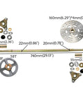 Rear Axle Shaft Assembly Kit 740mm 29 1/8in with 4.10-6 tire details including sprocket, brake rotor, bearings, and dimensions labeled.