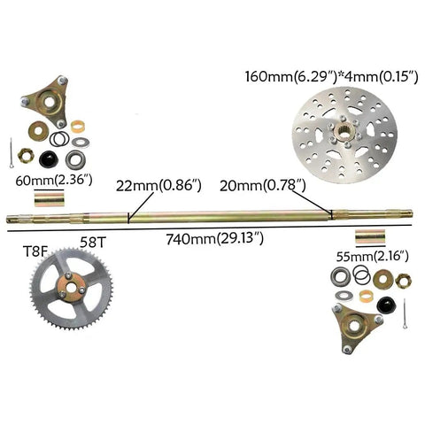 Rear Axle Shaft Assembly Kit 740mm 29 1/8in with 4.10-6 tire details including sprocket, brake rotor, bearings, and dimensions labeled.
