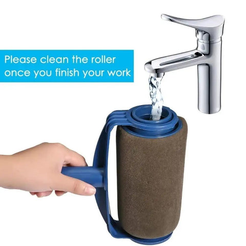 Ditch The Messy Old School Rollers With This Seamless Paint Brush Kit featuring water flow cleaning roller in hand.