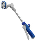 16-Inch Aluminum Watering Wand With 180-Degree Rotating Head, 9 Spray Patterns And Adjustable Flow Control in blue and silver