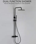Rock Solid Matte Black Rainfall Shower Head System With Easy Thermostatic Temp Control and Heavy Duty Brass Handheld Spray on wall.