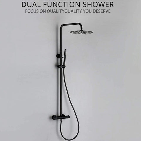 Rock Solid Matte Black Rainfall Shower Head System With Easy Thermostatic Temp Control and Heavy Duty Brass Handheld Spray on wall.