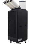 Commercial Grade Heavy Duty 220V Portable Air Conditioner Industrial Spot Cooler with three air ducts and smooth rolling wheels.