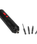 No Sweat Handheld Electric Drill With Ergonomic Cordless Handle for Quick Smartphone Repairs and Home Appliance Assembly, featuring black ABS body and multiple bits.