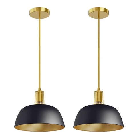 11 Inch Black Metal Dome Shade Pendant Lighting Fixture With Polished Gold Rod Kit E26 2 Pack Industrial Modern Ceiling Light