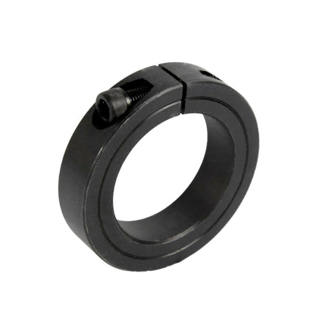 Close-up of carbon steel one and three quarters inch bore single split shaft collar with outer diameter two and three quarters inches, side view.