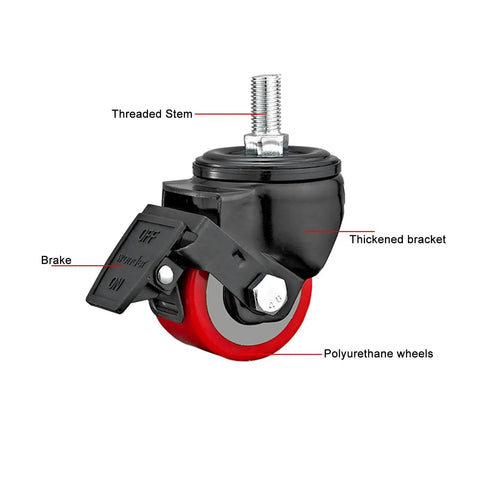 Heavy Duty Swivel Caster Wheels With Brakes For Furniture, Workbench, Cart And Garage, M Threaded Stem, Quiet PU Wheels, 500 Lb Capacity, Indoor Outdoor Plate Casters