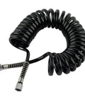 Built Tough Polyurethane Airbrush Hose With Quick Snap Fittings for Kink Free Flex and Zero Pressure Drop, coiled design.