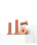 Premium Pure Copper Countersink Screws Flat Head Phillips Drive on a white surface, showcasing size and design features.