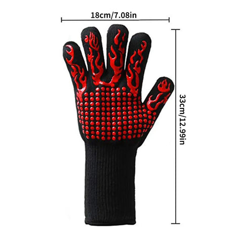 Grill Master Ready Ultimate Heat Resistant BBQ Grilling Gloves With Non Slip Silicone Grip, black with red flame design.