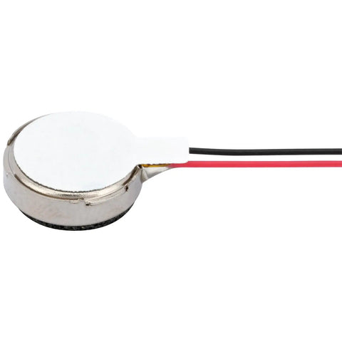 Close-up of a 10x3mm coin shape mini vibration motor with 5cm lead wires, from Twenty Five Pack Mini Vibration Motors 3V 12000 RPM.