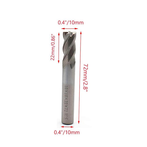 Beefy 4 Flute End Mill Cutter Set For CNC Machines, 10mm Cutting And Shank Diameter, 22mm Depth, 72mm Length, single cutter view