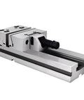 Modular Face Vise For CNC Machining And Milling Machines With Precision Locking Jaws, 100Mm size view showing gripping mechanism and base.