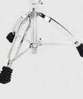 Rock Solid Height Adjustable Drum Throne With Dope Plush Suede Seat And Motorcycle Inspired Frame Featuring Anti Slip Legs, chrome frame close-up.