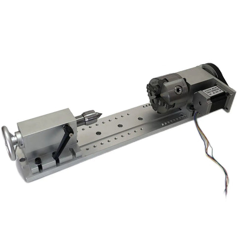 Built Tough 4 Axis CNC Rotary Tailstock With Heavy Duty Mounting Base And Nema 23 Stepper Motor For Slick Machining Projects Paired With A 100Mm Four Jaw Chuck, silver kit with motor and chuck.