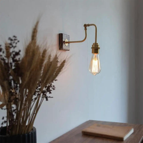Vintage Brass Wall Sconce, Industrial Wood Light Fixture with adjustable brass arm and walnut wood base.