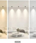 LED Recessed COB Spotlight comparison in warm, neutral, and cool light tones above a modern living room.