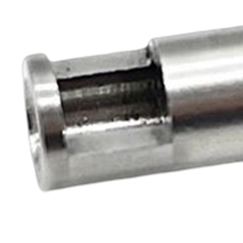 Close-up of stainless steel 8mm to 5mm motor axle adapter for 1 to 8 scale RC cars, pinion gear coupler shaft sleeve replacement
