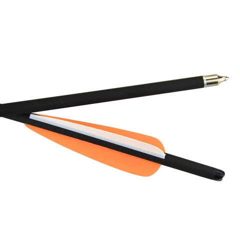 Close-up of 21 Inch Mixed Carbon Crossbow Bolts Arrows With 100 Grain Replaceable Screw In Arrowheads, 4-Inch Orange and White Vanes