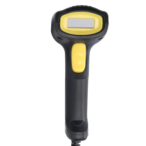 Front view of USB Wired Handheld Barcode Scanner With CMOS 640x480 for 1D and 2D scanning, black and yellow design.
