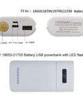 Dual 18650 And 21700 Battery Box Power Case, USB C Quick Charge Hub With Integrated Flashlight, rugged design with power indicators.