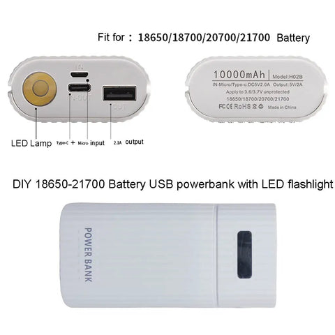 Dual 18650 And 21700 Battery Box Power Case, USB C Quick Charge Hub With Integrated Flashlight, rugged design with power indicators.