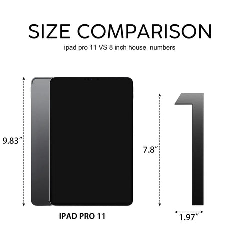 Size comparison of iPad Pro 11 and 8 Inch Floating House Number 1 Easy To Read From Street Modern Metal Mount, showing dimensions.