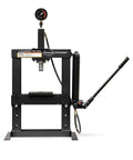 Front view of 10 Ton Benchtop Hydraulic Press With Pressure Gauge, Compact Pro Shop Press in black steel, 20,000 lbs capacity