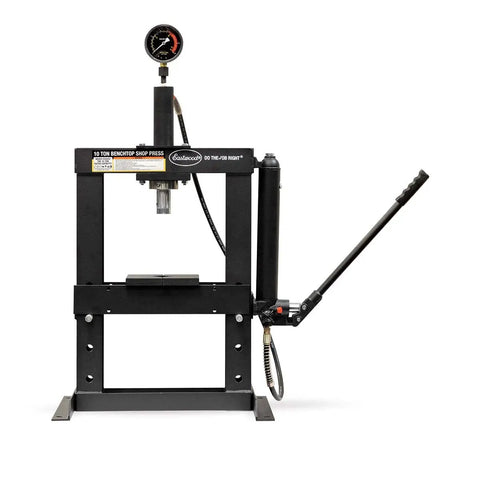 Front view of 10 Ton Benchtop Hydraulic Press With Pressure Gauge, Compact Pro Shop Press in black steel, 20,000 lbs capacity