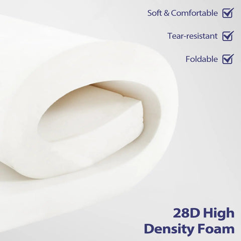 Close-up of 28D high-density foam roll, highlighting soft, tear-resistant, and foldable features for bench cushion padding.