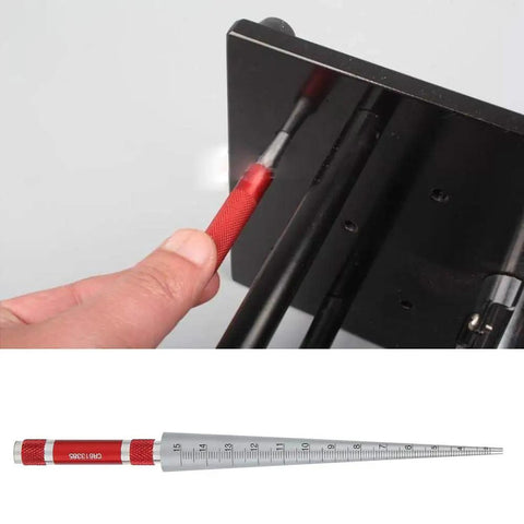 Stainless Steel Conical Bore Gauge For Precise Hole Inspection in use, showing aperture ruler, taper gauge, 0.1mm accuracy.