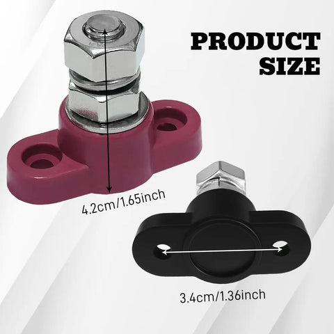 Heavy Duty 2 Pack 3/8 Inch 12V Battery Junction Post Block For Cars And Trucks Hella Tough Power Ground Terminal Distribution Busbar Rust Proof Steel Studs Upgrade Your Ride Today, showing size dimensions.