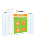 Heavy Duty Clear Cast Stretch Wrap 80 Gauge 19.7 X 6000 Ft Roll Industrial Grade Shrink Film next to packaging box.