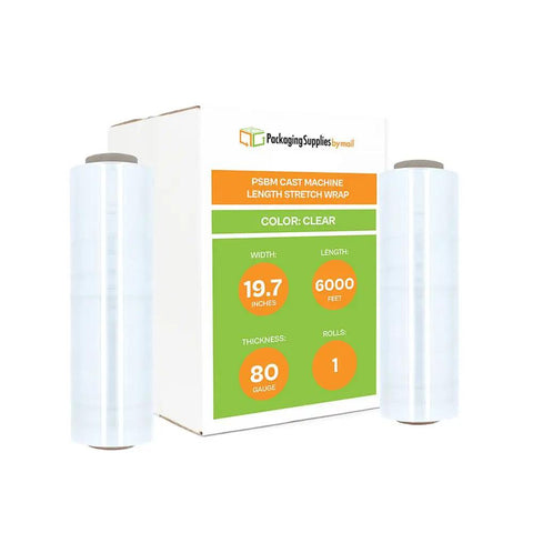 Heavy Duty Clear Cast Stretch Wrap 80 Gauge 19.7 X 6000 Ft Roll Industrial Grade Shrink Film next to packaging box.