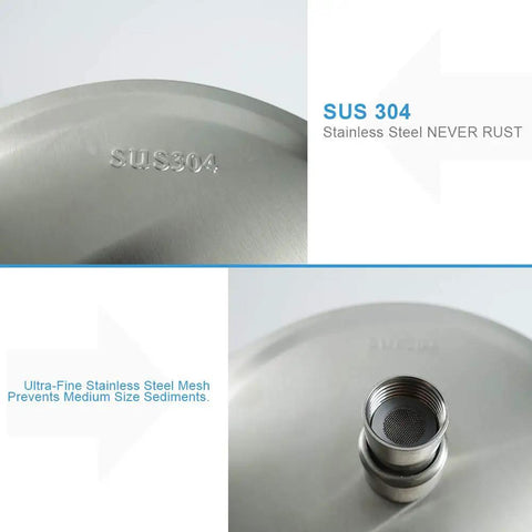 Close-up of Ultra Thin Rain Shower Head With High Flow Stainless Steel, 8 Inch Brushed Nickel Finish, mesh and SUS304 engraving.